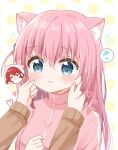  2girls animal_ears blue_eyes blush bocchi_the_rock! cat_ears cheek_pinching gotoh_hitori highres jacket kita_ikuyo mike_mochi multiple_girls pinching pink_hair pink_jacket red_hair sidelocks upper_body 