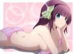  1girl angel_beats! arm_support ass back bare_arms bare_shoulders bikini bikini_top_removed black_hairband blunt_bangs bow breasts closed_mouth collarbone commentary convenient_arm from_side frown green_bow green_eyes hair_bow hairband hand_on_own_cheek hand_on_own_face highres lelie_(lelie_link) light_blush looking_at_viewer lying medium_breasts medium_hair nakamura_yuri on_back pink_bikini purple_hair shiny_skin sideboob sidelocks solo straight_hair swimsuit topless v-shaped_eyebrows 