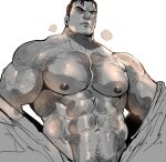 1boy abs bara bare_pectorals greyscale large_pectorals male_focus male_pubic_hair monochrome muscular muscular_male navel nipples original pectorals pubic_hair rybiok short_hair simple_background solo upper_body 