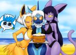  2023 5_fingers anthro arcadius_celestis beach big_breasts bikini birthday_cake black_bikini black_bikini_bottom black_clothing black_highlights black_inner_ear black_sclera black_swimwear blue_body blue_eyes blue_fur blue_hair blush breasts cake cleavage clothed clothing dessert eeveelution espeon female fin fingers food frill_(anatomy) fur generation_1_pokemon generation_2_pokemon generation_4_pokemon glaceon group hair hand_on_hip head_fin hi_res highlights_(coloring) jolteon long_hair looking_at_viewer male multicolored_hair nintendo open_mouth pokemon pokemon_(species) purple_body purple_eyes purple_fur purple_hair sandwich-anomaly sea seaside sky standing swimwear swimwear_only thigh_gap two_tone_hair vaporeon water white_bikini_bottom white_bikini_top white_eyes white_hair yellow_body yellow_fur yellow_sclera 