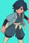  1boy black_wristband blue_eyes blue_hair blue_jacket blue_kimono closed_mouth commentary_request falkner_(pokemon) green_background hair_over_one_eye haori highres jacket japanese_clothes kimono legs_apart male_focus open_clothes open_jacket pokemon pokemon_(game) pokemon_hgss sash short_sleeves simple_background solo tyako_089 wristband 