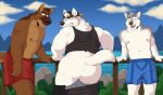  anthro assisted_exposure big_butt butt canid canine canis clothed clothing domestic_dog german_shepherd group hat headgear headwear herding_dog husky male male/male mammal nordic_sled_dog pantsing pastoral_dog shirt sky spitz tank_top topless topless_male topwear tre_(vasuki) vasuki wolf 
