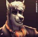  2021 acidwuff anthro artist_name brown_clothing brown_eyes brown_jacket brown_topwear canid clothed clothing dated fangs fur grey_body grey_fur grin hair headphones headphones_around_neck hi_res inner_ear_fluff jacket looking_at_viewer male mammal neck_tuft short_hair smile solo teeth topwear tuft white_body white_fur white_hair white_inner_ear_fluff 