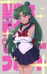  1girl absurdres arrow_earrings back_bow bishoujo_senshi_sailor_moon black_bow black_choker black_sailor_collar black_skirt bow bowtie breasts brooch choker circlet cleavage dark-skinned_female dark_skin elbow_gloves garnet_rod gem gloves green_hair highres jewelry long_hair meiou_setsuna miniskirt pendant_choker pleated_skirt purple_bow purple_bowtie red_eyes red_gemstone sailor_collar sailor_pluto shirt short_sleeves simple_background skirt solo swept_bangs tsunemoku very_long_hair white_gloves white_shirt 