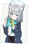  1girl animal_ear_fluff animal_ears black_jacket blue_archive blue_eyes blue_scarf bright_pupils cross_hair_ornament grey_hair hair_ornament halo ixy jacket long_sleeves looking_at_viewer mismatched_pupils scarf shiroko_(blue_archive) short_hair solo white_pupils 