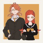  1boy 1girl bow brother_and_sister closed_mouth crossed_arms facial_mark fire_emblem fire_emblem_engage furrowed_brow hahm0106 hair_ornament hairclip hand_on_own_hip light_smile long_hair long_sleeves loose_necktie makeup necktie orange_bow orange_hair pandreo_(fire_emblem) panette_(fire_emblem) school_uniform short_bangs short_hair siblings sidelocks simple_background yellow_eyes 