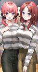  2girls :d absurdres aged_up black_scrunchie blue_eyes blunt_bangs blush brown_hair casual closed_mouth commentary_request cowboy_shot eyelashes go-toubun_no_hanayome grin hair_ornament hair_scrunchie highres kurosaki_coco lips long_hair looking_at_viewer low_twintails multiple_girls nakano_miku nakano_nino pants parted_bangs pink_hair scrunchie shirt siblings side-by-side sisters smile standing striped striped_shirt tsurime twins twintails 