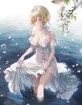  1girl absurdres bare_shoulders blonde_hair blush breasts cleavage collarbone dress flower genshin_impact hair_between_eyes hair_flower hair_ornament highres large_breasts leaf looking_at_viewer lumine_(genshin_impact) petals pottsness short_hair_with_long_locks skirt_hold solo thighs twitter_username wading water wet white_dress white_flower yellow_eyes 