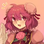  1girl :d antenna_hair bandaged_hand bandages boa_(brianoa) bun_cover commentary double_bun flower hair_bun hand_up highres ibaraki_kasen looking_at_viewer open_mouth pink_background pink_eyes pink_flower pink_hair pink_rose portrait rose short_hair smile solo tabard touhou 