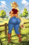  anthro anthrofied applejack_(mlp) big_butt blonde_hair boots bottomwear butt clothing cowboy_hat denim denim_clothing earth_pony equid equine female fence flannel_shirt footwear friendship_is_magic grass green_eyes hair hasbro hat headgear headwear hi_res horse jeans legwear looking_at_viewer mammal my_little_pony outside pants plant pony solo thick_thighs thigh_boots thigh_highs transfaled_(fwexz) 