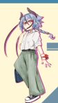  1girl :o alternate_costume androgynous belt black_belt black_hair blue_hair braid brown_background collared_shirt colored_shadow colored_tips dress_shirt drop_shadow fashion green_pants half-closed_eyes hand_up highres hikimayu horns long_hair looking_at_viewer meika_mikoto multicolored_hair pants parted_lips popped_collar purple_hair raised_eyebrows shadow shirt shirt_tucked_in shoes single_braid sleeves_rolled_up sneakers solo standing standing_on_one_leg streaked_hair vocaloid white_shirt wrist_cuffs yamainu_luna 