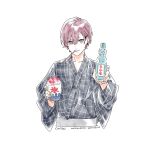  1boy absurdres artist_name bottle closed_mouth cool_doji_danshi cup dated fingernails food highres holding holding_bottle holding_cup japanese_clothes kimono looking_at_viewer male_focus nata_kokone ramune red_eyes red_hair shaved_ice shiki_souma short_hair simple_background solo upper_body white_background yukata 