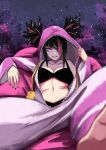  1girl black_bra black_hair black_nails bra breasts cleavage commentary_request diagonal_bangs dot_nose eyelashes glint hair_over_one_eye han_juri highres momo_juice multicolored_hair navel official_alternate_costume onesie parted_lips pink_eyes pink_hair pink_hood purple_background sitting smile solo streaked_hair street_fighter street_fighter_6 twintails two-tone_hair underwear 