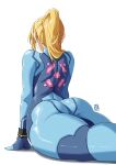  1girl arched_back arm_support artist_logo ass automatic_giraffe back blonde_hair blue_bodysuit bodysuit facing_away from_behind highres long_hair metroid ponytail samus_aran sidelocks simple_background skin_tight solo stretching white_background 