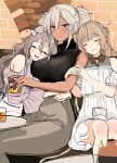  absurdres alcohol black_nails black_sweater blush breasts brick_wall closed_eyes dark-skinned_female dark_skin drunk glasses grey_hair hair_between_eyes highres indoors kantai_collection large_breasts light_brown_hair long_hair multiple_girls musashi_(kancolle) nail_polish open_mouth pola_(kancolle) ranger_(kancolle) ribbed_sweater sitting sketch sleeveless sleeveless_sweater smile sweater turtleneck turtleneck_sweater white_hair yunamaro 