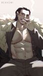  1boy abs bekkomi black_hair cigar crocodile_(one_piece) feet_out_of_frame fur_coat hair_slicked_back highres large_pectorals looking_to_the_side male_focus mastectomy_scar mature_male muscular muscular_male navel nipples one_piece open_clothes open_shirt pectoral_cleavage pectorals scar scar_on_chest scar_on_face short_hair smoking solo spread_legs stitches stomach 