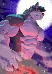  abs anjing_kampuss anthro asumono_krom biceps black_hair bodily_fluids body_hair bottomwear canid canine canis chest_hair claws clothing domestic_dog fangs fur hair hi_res joseph_(anjing_kampuss) male mammal moon multicolored_body multicolored_fur muscular muscular_anthro muscular_male night nordic_sled_dog pants pecs red_eyes saliva shirtless_anthro shirtless_male solo spitz standing teeth two_tone_body two_tone_fur were werecanid werecanine werewolf 