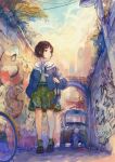  1girl absurdres alley bag bicycle brown_eyes brown_hair building graffiti green_skirt highres lamppost original skirt sky spark_(sandro) 