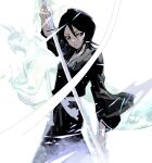  1girl black_eyes black_hair black_kimono bleach cofffee fingernails hair_between_eyes holding holding_sword holding_weapon japanese_clothes katana kimono kuchiki_rukia looking_at_viewer short_hair_with_long_locks solo sword weapon white_background 