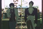  2boys backlighting black_choker black_gloves black_jacket black_shirt blue_pants bottle brown_hair choker cigarette clenched_hand closed_eyes collared_shirt convenience_store counter cross_print fingerless_gloves freezer gloves hair_over_one_eye hand_in_pocket highres jacket kusanagi_kyou multiple_boys outdoors pants parted_lips pectoral_cleavage pectorals red_hair red_pants shelf shirt shop short_hair smile smoking the_king_of_fighters unimless white_jacket white_shirt yagami_iori 