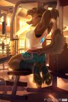  anthro bottomwear breasts brown_body brown_fur brown_hair canid canine clothing feet female footwear fox foxer421 fur furgonomics gym gym_bottomwear gym_clothing gym_shorts hair hi_res inside kneeling mammal rear_view shirt shorts solo sportswear tank_top toeless_footwear topwear translucent translucent_clothing weight_machine 