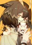  1girl arknights artist_name black-framed_eyewear brown_hair character_doll coat hair_between_eyes hands_up holding ifrit_(arknights) indai_(3330425) long_sleeves looking_at_viewer owl_ears portrait saria_(arknights) semi-rimless_eyewear short_hair silence_(arknights) simple_background solo under-rim_eyewear white_coat yellow_background yellow_eyes 