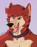  absurd_res anthro canid canine canis close-up collar depictionexpress fur hi_res looking_at_viewer male mammal muscular muscular_anthro muscular_male one_eye_closed red_body red_fur smile smiling_at_viewer solo solo_focus tan_body tan_fur wink winking_at_viewer wolf 