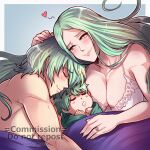  1boy 1girl blush breasts byleth_(fire_emblem) child cleavage closed_mouth commission couple family fire_emblem fire_emblem:_three_houses fire_emblem_heroes green_eyes green_hair gzei highres husband_and_wife jewelry large_breasts long_hair muscular muscular_male nightgown rhea_(fire_emblem) ring short_hair sleeping smile topless_male wedding_ring white_nightgown 