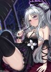  1girl bare_shoulders black_choker black_dress black_thighhighs blue_archive breasts cenangam choker closed_mouth collarbone dress folding_fan grey_hair halo hand_fan highres hina_(blue_archive) holding holding_fan horns long_hair looking_at_viewer medium_breasts ponytail purple_eyes sitting solo thighhighs thighs 