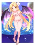  1girl absurdres bare_arms bare_legs bare_shoulders barefoot bat_wings bikini blonde_hair blush commission full_body highres holding kurumi_(touhou) long_hair navel open_mouth petite pink_bikini purple_wings sandals skeb_commission smile solo swimsuit touhou touhou_(pc-98) twitter_username wings yellow_eyes yurufuwa_milk 