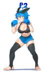  1girl absurdres animal_ears black_choker black_hairband black_sports_bra black_thighhighs blue_gloves blue_hair blue_shorts blush borrowed_character boxing_gloves breasts choker cleavage dif_(difman) dolphin_shorts fake_animal_ears fighting_game fighting_stance full_body gameplay_mechanics gloves hairband highres large_breasts midriff niwarhythm no_shoes original rabbit_ears short_hair shorts skindentation smile solo sports_bra stirrup_legwear thick_thighs thighhighs thighs toeless_legwear toenails toes white_background yellow_eyes 