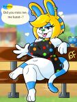  animal_crossing ankha_(animal_crossing) anthro big_breasts blonde_hair bomba_world12 breasts fan_character felid feline female filbert_(animal_crossing) francine_(animal_crossing) fusion gesture hair hi_res lagomorph leporid looking_at_viewer mammal multicolored_body nintendo potara_earrings rabbit sitting_on_bench solo thick_thighs waving waving_at_viewer waving_hand white_body 