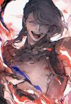  1boy armor blood blood_on_face blue_eyes braid dadadadadaist final_fantasy final_fantasy_xvi gauntlets grey_hair hair_over_one_eye highres long_hair open_mouth signature sleipnir_harbard solo upper_body 