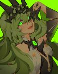  1girl :d absurdres arm_up black_gloves black_leotard commentary english_commentary gloves glowing glowing_eyes green_background green_eyes green_hair hair_between_eyes half_gloves headpiece highres honkai_(series) honkai_impact_3rd leotard long_hair looking_at_viewer mararu mobius_(honkai_impact) signature simple_background smile solo upper_body very_long_hair 