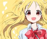  1girl blonde_hair blush bocchi_the_rock! dot_nose highres ijichi_nijika looking_at_viewer neckerchief open_mouth red_eyes red_neckerchief school_uniform shimokitazawa_high_school_uniform simple_background solo take_shinobu upper_body yellow_background yellow_theme 