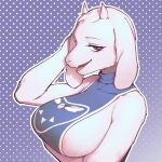  1:1 anthro arm_under_breasts big_breasts bovid breasts caprine clothing dotted_background eyebrows eyelashes female fur goat hi_res hyakkin looking_away mammal open_mouth pattern_background purple_background purple_clothing red_eyes side_boob simple_background solo toriel undertale_(series) white_body white_fur 