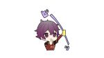  1boy black_jacket blue_lock card character_request chibi cropped_torso eyebrows_hidden_by_hair hair_between_eyes holding holding_card holding_whistle jacket layered_sleeves long_sleeves male_focus omuretsu open_clothes open_jacket purple_eyes purple_hair red_shirt shirt short_over_long_sleeves short_sleeves simple_background solo thick_eyebrows upper_body whistle whistle_around_neck white_background yellow_card 