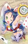  1girl ace_of_clubs alice_in_wonderland animal_ears blue_hair blue_shorts bow bowtie bunny_day card club_(shape) collared_shirt cosplay dress_shirt english_text fang gloves green_eyes kantai_collection long_hair low_twintails malino_(dream_maker) one_eye_closed playing_card pocket_watch rabbit_ears red_vest shirt shorts solo suzukaze_(kancolle) thighhighs twintails vest watch white_gloves white_rabbit_(alice_in_wonderland) white_rabbit_(alice_in_wonderland)_(cosplay) white_shirt white_thighhighs yellow_bow yellow_bowtie 