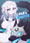  1girl animal_ears blue_eyes breasts closed_mouth collarbone colored_skin fur_collar furry furry_female glowing glowing_eyes glowing_mouth grey_hair grey_skin highres kindred_(league_of_legends) lamb_(league_of_legends) large_breasts league_of_legends long_hair nipples no_mask sheep_ears shiny_skin sitting smile spread_legs strongbana wolf_(league_of_legends) 