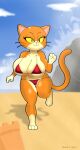  absurd_res anthro beach big_breasts black_eyes breasts butt_from_the_front cat_smile chunkiroll_(artist) clothing dipstick_limbs domestic_cat eyelashes felid feline felis female fur hi_res huge_breasts kathleen_(chunkiroll) mammal orange_body orange_fur pupils red_clothing red_swimwear sand seaside slit_pupils solo swimwear tan_body tan_fur thick_thighs thigh_gap whiskers wide_hips yellow_sclera 