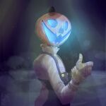  1:1 2017 4_fingers animate_inanimate artist_name biped black_background blue_eyes blue_glow blue_mouth blue_overalls button_(fastener) clothing colored digital_media_(artwork) digital_painting_(artwork) fingers food for_a_head fruit gesture gloves glowing glowing_eyes glowing_mouth grey_text halloween handwear hay hi_res holidays humanoid jack-o&#039;-lantern jagged_mouth kaenellec light lighting living_scarecrow male not_furry object_head open_mouth open_smile overalls plant pumpkin pumpkin_head scarecrow scp-2331 scp_foundation shaded shirt signature simple_background smile solo sparkles standing thumbs_up topwear white_clothing white_shirt white_topwear 
