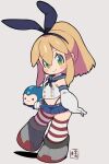  1girl animal_ears blonde_hair blue_skirt boots chibi closed_mouth fake_animal_ears full_body green_eyes hair_between_eyes highres kantai_collection looking_at_viewer mega_man_(character) mega_man_(series) miniskirt miyata_(lhr) ponytail rabbit_ears roll_(mega_man) shimakaze_(kancolle) sidelocks simple_background skirt smile striped striped_thighhighs stuffed_toy thighhighs white_background 