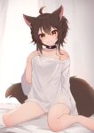  1girl absurdres animal_ear_fluff animal_ears barefoot bed_sheet black_choker breasts brown_eyes brown_hair choker closed_mouth commentary_request commission curtains fang fang_out hair_between_eyes hand_up heart_o-ring highres hinata_(user_rjkt4745) long_sleeves looking_at_viewer off_shoulder original shirt sitting skeb_commission small_breasts smile solo tail wariza white_shirt wide_sleeves 