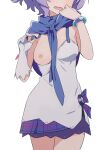  1girl azur_lane breasts gloves head_out_of_frame highres javelin_(azur_lane) medium_breasts medium_hair morisobo nipples one_breast_out open_mouth paid_reward_available plaid plaid_skirt purple_hair simple_background single_glove skirt solo white_background white_gloves 