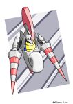  absurdres border commentary_request dated escavalier fang full_body grey_background highres kimii_(f07_harmony) lance no_humans plume pokemon pokemon_(creature) polearm solo weapon white_border yellow_eyes 
