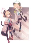  2girls animal_ear_headphones animal_ears black_skirt black_thighhighs blonde_hair blue_archive blue_necktie boots cat_tail closed_eyes closed_mouth collared_shirt fake_animal_ears ganmodoki_(kizm) green_eyes green_halo halo headphones jacket kanohara_(63xmrr) long_sleeves midori_(blue_archive) momoi_(blue_archive) multiple_girls necktie open_mouth pink_halo pleated_skirt shirt short_hair siblings sisters skirt smile tail thighhighs two-sided_fabric two-sided_jacket white_jacket white_shirt 