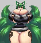  6_tails absurd_res animal_humanoid big_breasts blue_eyes blush bodily_fluids breasts camel_toe canid canid_humanoid canine canine_humanoid cleavage clothed clothing female fox_humanoid green_hair hair heterochromia hi_res holding_breast huge_breasts huge_thighs humanoid hyper hyper_breasts hyper_thighs mammal mammal_humanoid mochifoxxo multi_tail open_mouth panties signature solo standing sweat sweatdrop tail teeth text thick_thighs tsutsune_(pyobbo) underwear wide_hips yellow_eyes 