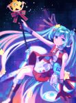  1girl absurdres aqua_eyes aqua_hair bare_shoulders beekan blue_eyes blue_hair blush boots closed_mouth dress future_eve_(vocaloid) gloves hair_ornament hair_ribbon hatsune_miku headphones highres holding holding_wand long_hair looking_at_viewer magical_mirai_(vocaloid) magical_mirai_miku magical_mirai_miku_(2022) necktie night night_sky pixelated ribbon sky sleeveless sleeveless_dress smile solo star_(symbol) star_hair_ornament twintails very_long_hair vocaloid wand 