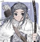  1girl ainu arrow_(projectile) asirpa black_hair black_hairband blush border bow_(weapon) cloak closed_mouth commentary_request earrings floating_hair fur_cloak fusuma_(nohbrk) golden_kamuy grey_background grey_eyes grey_kimono hairband hand_up highres holding holding_bow_(weapon) holding_weapon hoop_earrings jacket japanese_clothes jewelry kimono light_frown long_hair open_clothes open_jacket outside_border pendant quiver shoulder_strap signature snowing solo thick_eyebrows upper_body weapon white_border white_cloak white_jacket 