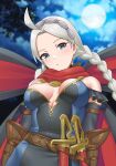  1girl absurdres ahoge alternate_costume bare_shoulders blue_eyes braid breasts cleavage closed_mouth cloud cloudy_sky commission commissioner_upload facing_viewer fire_emblem fire_emblem_fates full_moon grey_hair hairband highres igni_tion knife long_hair looking_at_viewer low_twin_braids medium_breasts moon night night_sky nina_(fire_emblem) official_alternate_costume outdoors parted_bangs sky solo twin_braids upper_body white_hairband 